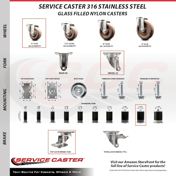 Service Caster 3 Inch 316SS High Temp Glass Filled Nylon 1-3/4 Inch Stem Caster Brake SCC, 2PK SCC-SS316EX20S314-GFNSHT-2-TLB-2-134 - main